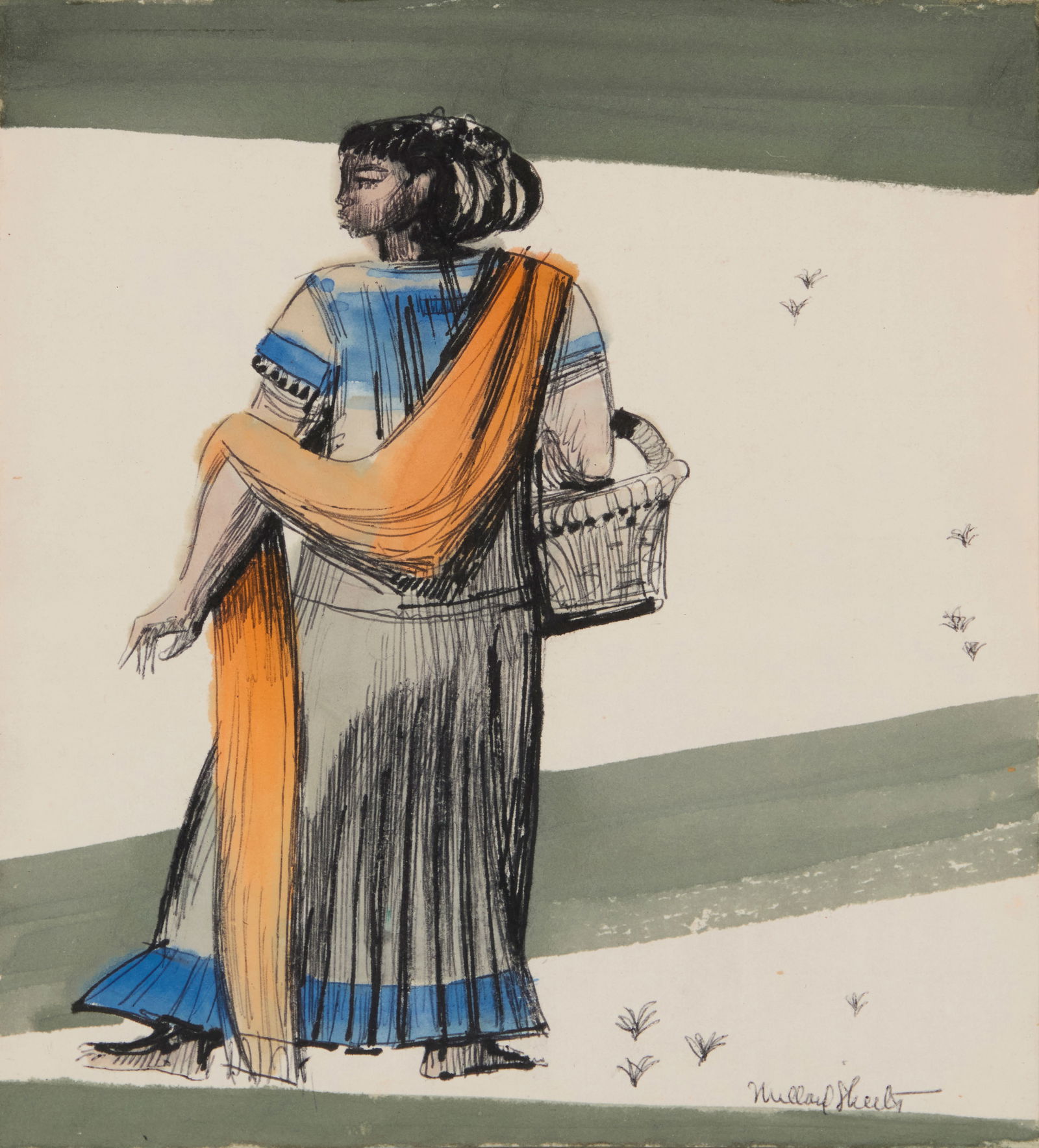 Millard Owen Sheets (1907-1989), Standing woman with shawl and basket: Millard Owen Sheets(1907-1989)Standing woman with shawl and basketInk and gouache with a metallic painted border on paperboardSigned in pencil lower right: Millard Sheets10.75" H x 9.5" W