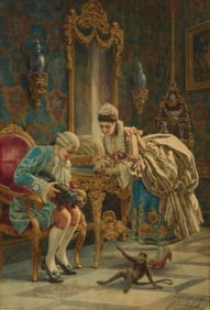 Belisario Gioja (1829-1906), Italian couple playing with a dog and monkey in an ornate interior