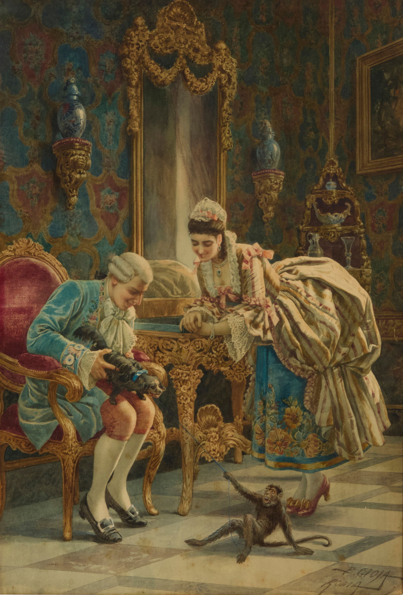 Belisario Gioja (1829-1906), Italian couple playing with a dog and monkey in an ornate interior: Belisario Gioja(1829-1906)Italian couple playing with a dog and monkey in an ornate interiorWatercolor on paperSigned and inscribed lower right: B. Gioja / "Roma"Sight: 21" H x 14.25" W
