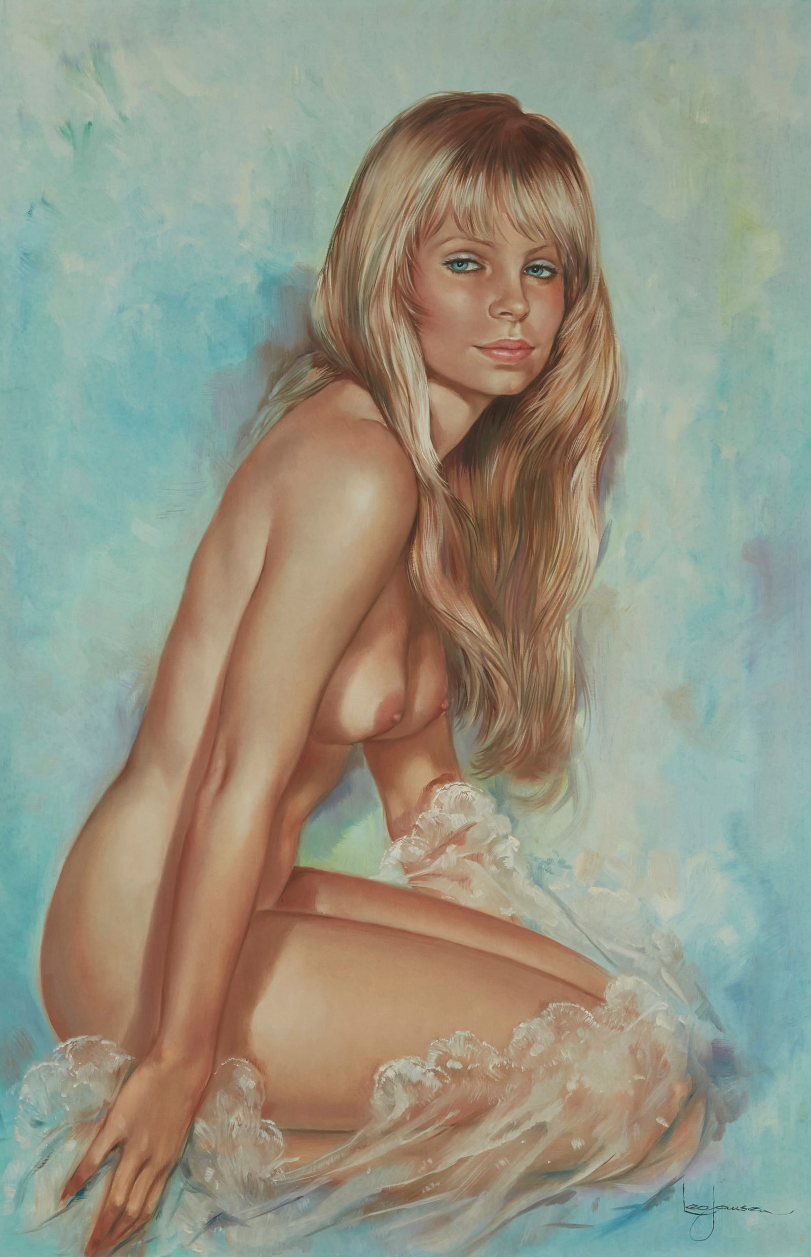 Leo Jansen (1930-1980), Seated nude with blonde hair: Leo Jansen(1930-1980)Seated nude with blonde hairOil on canvasSigned lower right: Leo Jansen; with the artist's thumbprint, number "R-10137/ J-471/2," and ink stamp, all verso36" H x 24" W