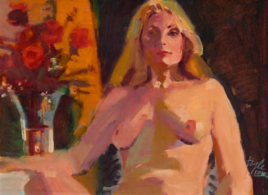 Neil Boyle (1931-2006), Seated nude with floral still life