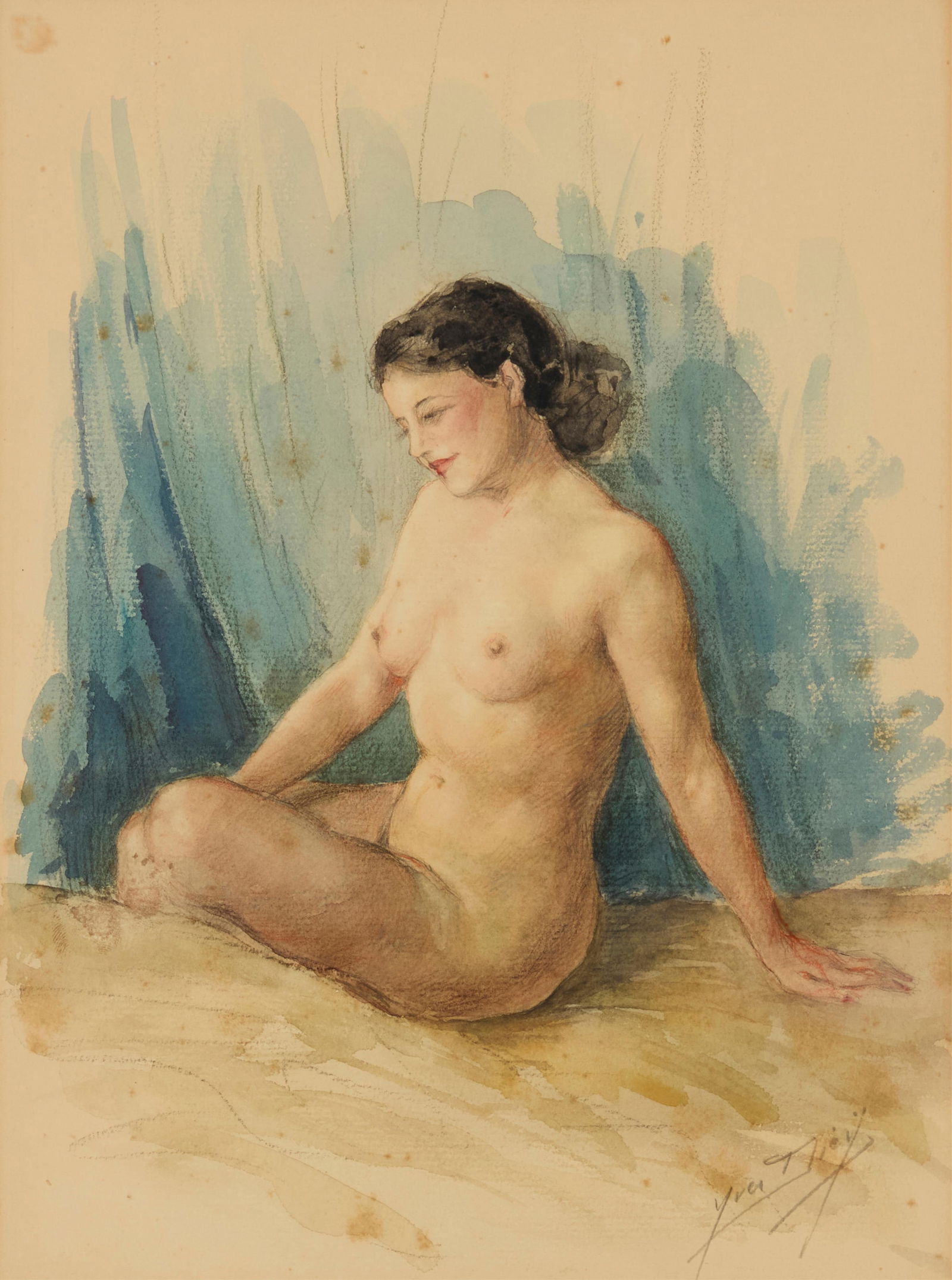 Yves Die? (1892-1984), Seated nude: Yves Die?(1892-1984)Seated nudeWatercolor on paperSigned in pencil lower right: Yves Die?Sight: 12.75" H x 10" W