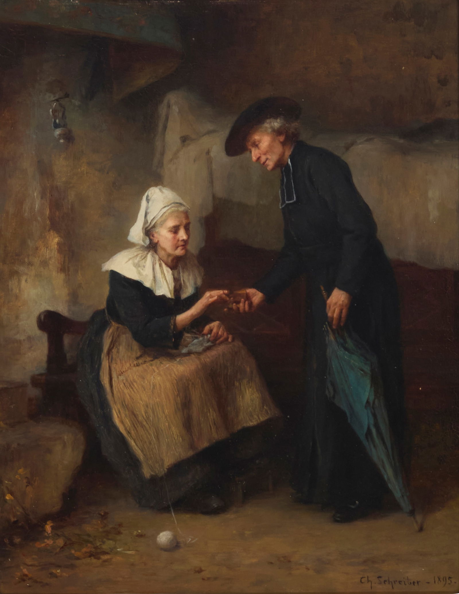 Charles Baptiste Schreiber (1845-1903), Couple greeting each other in an interior, 1895: Charles Baptiste Schreiber(1845-1903)Couple greeting each other in an interior, 1895Oil on panelSigned and dated lower right: Ch. Baptiste - 1895 -10.5" H x 8.25" W Provenance:Sold: Leland