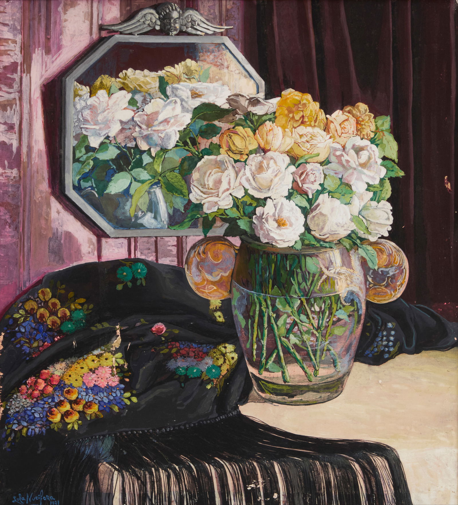 Dolores (Lola) Olinda Nucifora (b. 1894, Argentinian), Floral still life with roses, 1931: Dolores (Lola) Olinda Nucifora(b. 1894, Argentinian)Floral still life with roses, 1931Oil on boardSigned and dated lower left: Lola Nucifora / 193126" H x 23.75" W