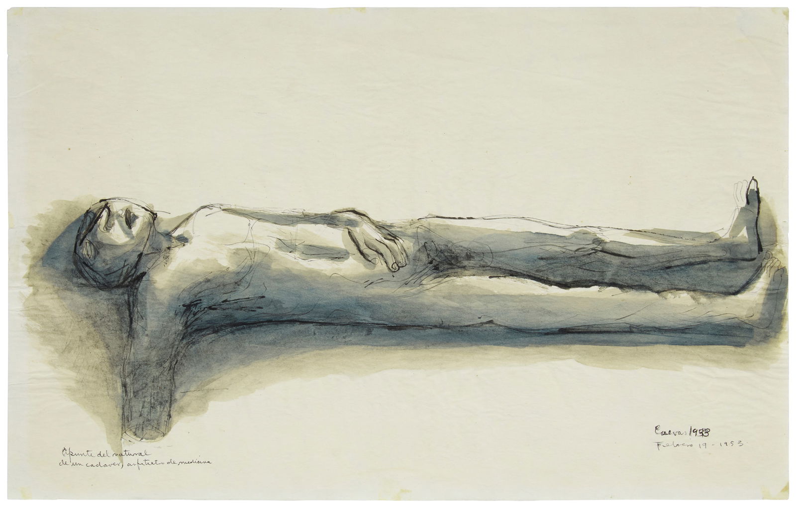 Jose Luis Cuevas (1934-2017, Mexican), Figure study, 1953: Jose Luis Cuevas(1934-2017, Mexican)Figure study, 1953Watercolor and ink on paperSigned, dated, inscribed in Spanish "Apunte del natural / de un cadaver, anfiteatro de medicina," and inscribed "Febrer