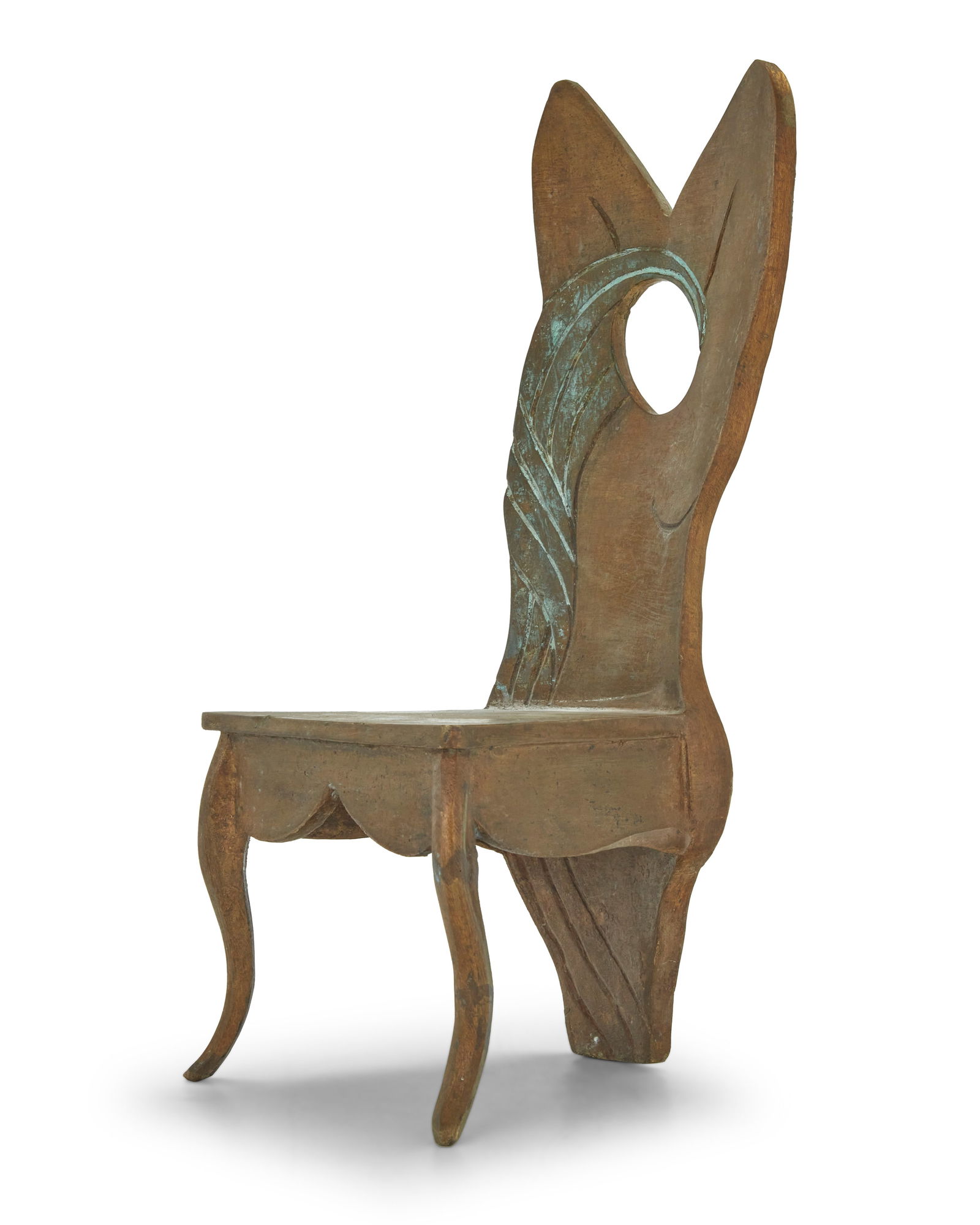 A small Mexican Surrealist style bronze sculpture of a chair: A small Mexican Surrealist style bronze sculpture of a chairLate 20th centuryUnmarked12.75" H x 5.25" W x 7.25" D