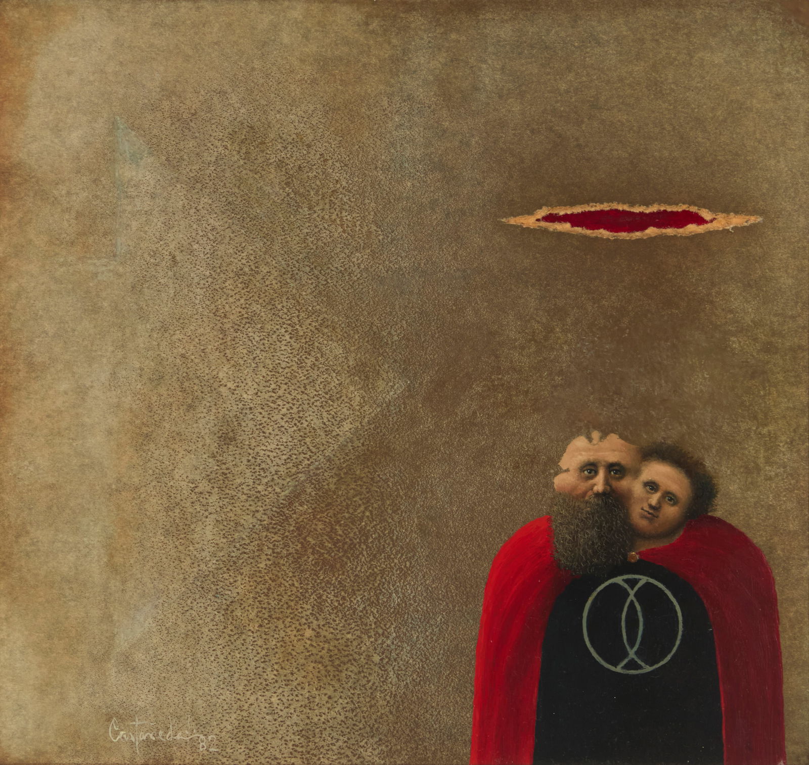 Alfredo CastaÒeda (1938-2011, Mexican), "Operacion Alfa," 1982: Alfredo CastaÒeda(1938-2011, Mexican)"Operacion Alfa," 1982Oil on boardSigned and dated lower left: CastaÒeda '82; titled on a gallery label affixed to the frame's backing boardSight: 9" H x 9.5" W