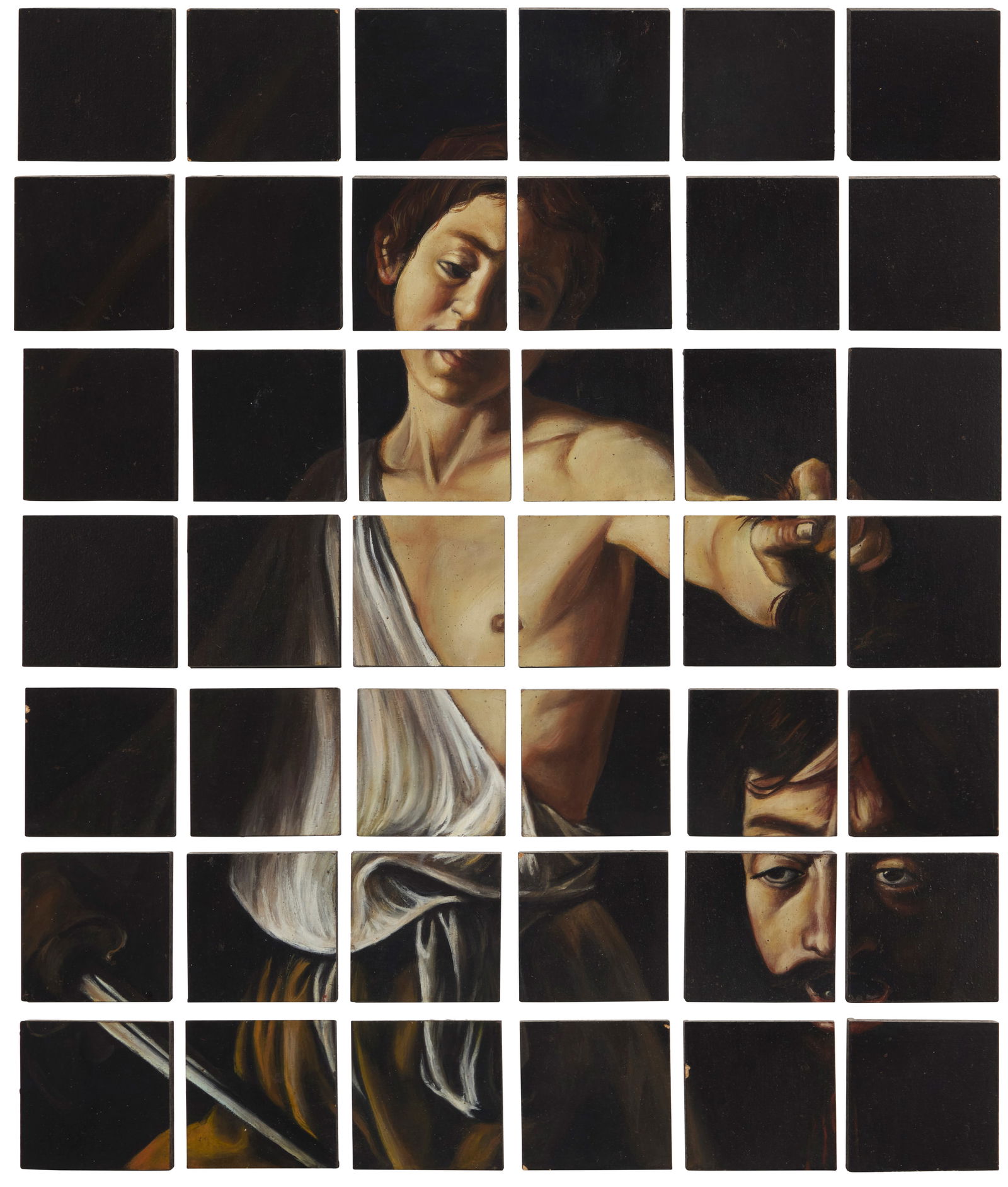 Javier Carpintero (b. 1967, Spanish), "Decapitacion III," 1998: Javier Carpintero(b. 1967, Spanish)"Decapitacion III," 1998Oil on 42 pieces of woodSigned and dated in ink on the verso of the piece in the lower right corner: J. Carpintero / '98; titled by repute; t