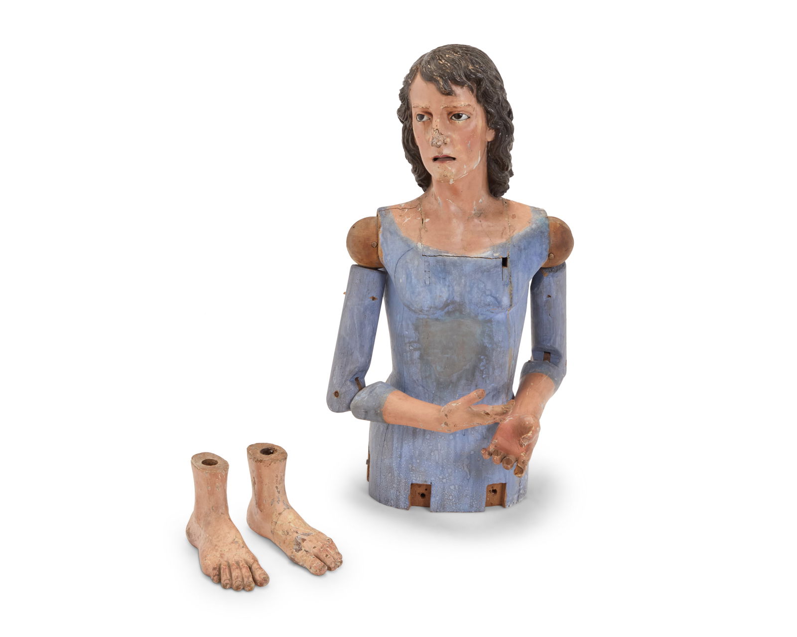 A Guatemalan polychrome carved wood bastidor: A Guatemalan polychrome carved wood bastidorEarly/mid-20th centuryEach arm marked in pencil: JuanThe cage doll with articulated arms and legsTorso: 31.5" H x 18.25" W x 13.5" D, dimensions variable; A