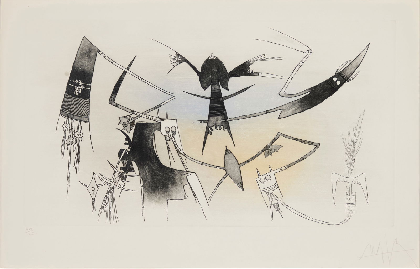 Wifredo Lam (1902-1982, Cuban), "La Reunion," 1973: Wifredo Lam(1902-1982, Cuban)"La Reunion," 1973Etching and aquatint in colors on Magnani Pescia paperOne of 15 hors commerce impressions aside from the edition of 100Signed and numbered "4/15 / H.C."
