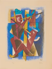 Carlos Merida (1891-1984, Guatemalan), "Figures with Pipes," plate 9 from the series "Un Canto al