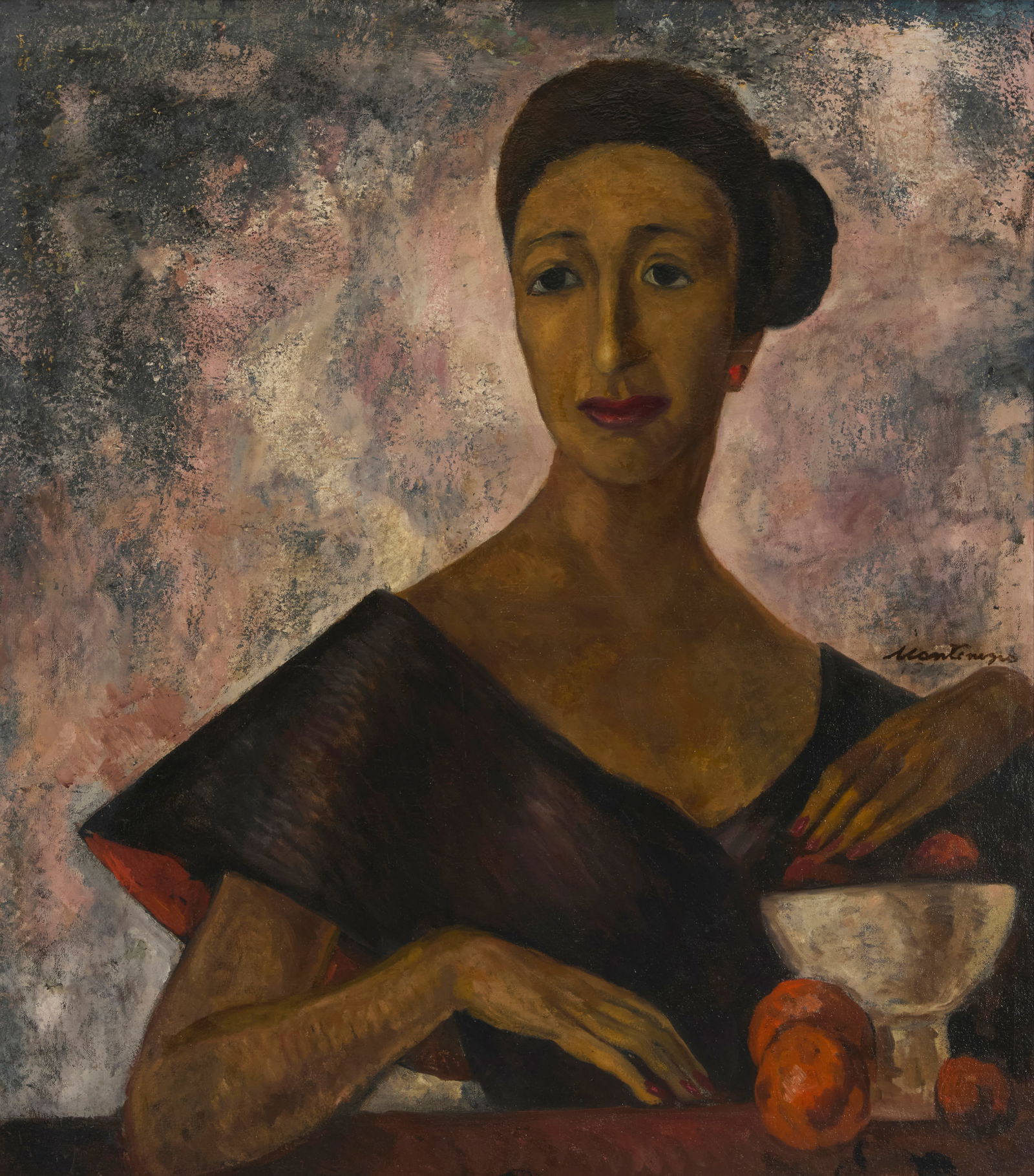 Roberto Montenegro (1885-1968, Mexican), "Portrait of Olga Tamayo," 1961: Roberto Montenegro(1885-1968, Mexican)"Portrait of Olga Tamayo," 1961Oil on canvasSigned right of center: Montenegro; signed again on the verso; titled and dated on an exhibition label affixed to the