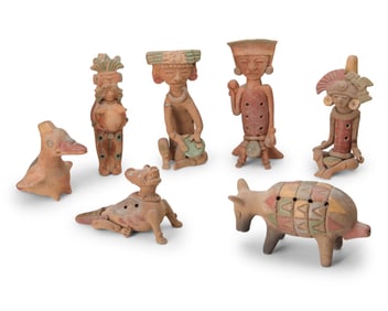 A group of Aztec/Mayan-style polychrome pottery whistles