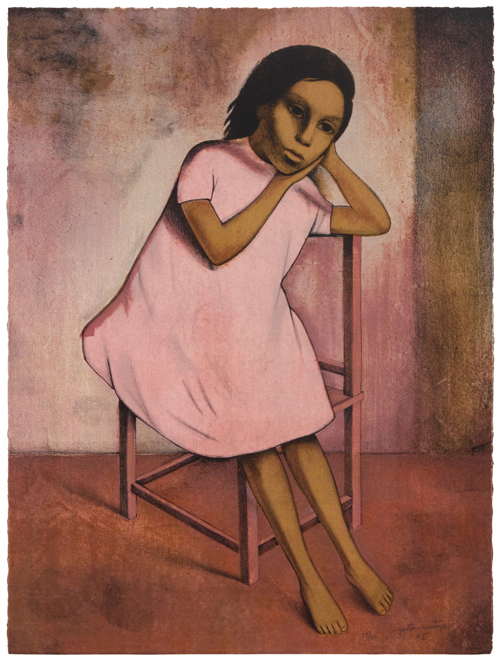 Gustavo Montoya (1905-2003, Mexican), "NiÒa en Rosa," circa 1985: Gustavo Montoya(1905-2003, Mexican)"NiÒa en Rosa," circa 1985Lithograph in colors on wove paper, watermark Creysee FranceEdition: 87/100Signed, dated '85,' and numbered in pencil in the lower right c