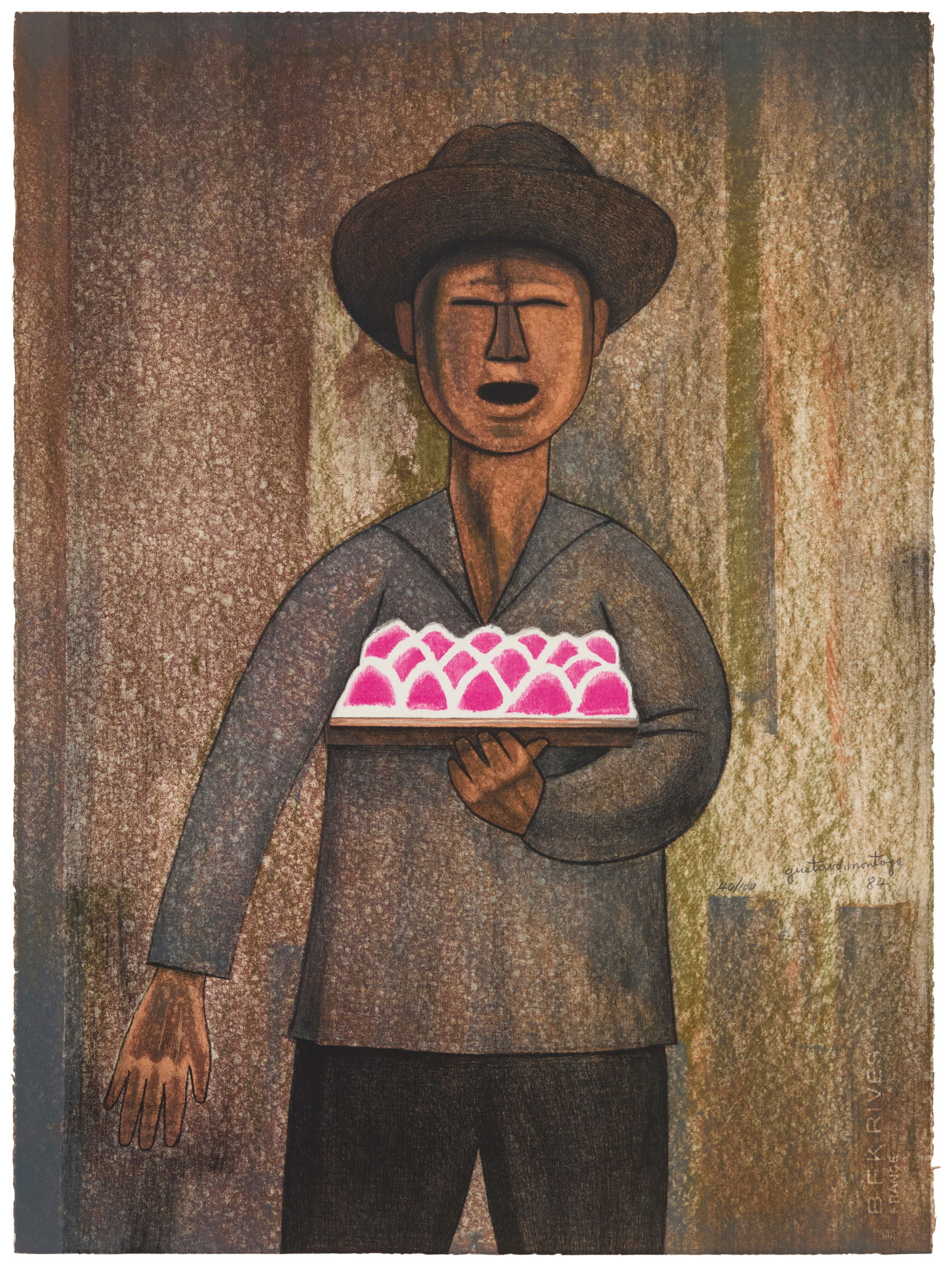 Gustavo Montoya (1905-2003, Mexican), "Merenguero," 1984: Gustavo Montoya(1905-2003, Mexican)"Merenguero," 1984Lithograph in colors on BFK Rives paperEdition: 40/100Signed, dated '84,' and numbered in pencil in the lower right quadrant: Gustavo Montoya; with