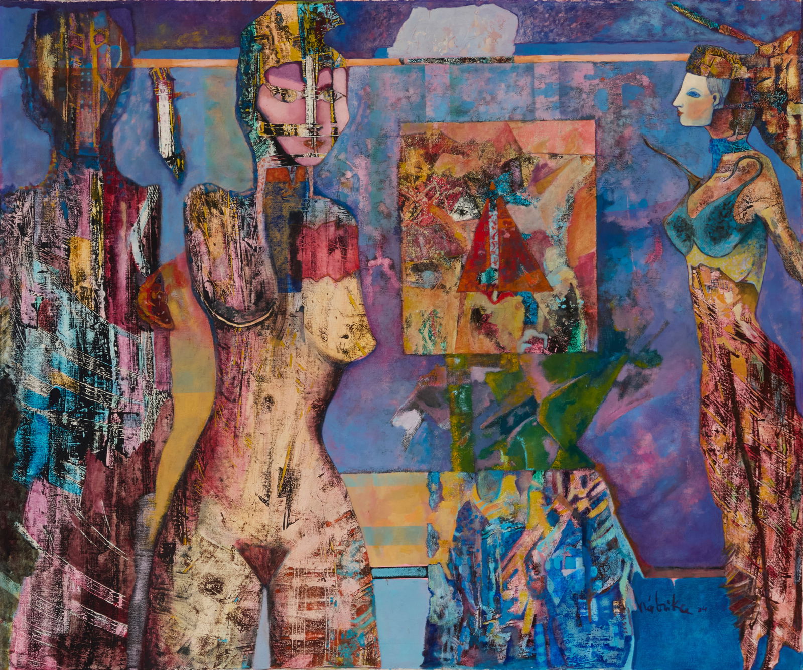 Ignacio Habrika (b. 1953, Mexican), "Senal Magica," 1984: Ignacio Habrika(b. 1953, Mexican)"Senal Magica," 1984Oil on canvasSigned and dated lower right: Habrika 84; signed and dated again, and titled, all verso40" H x 48" W