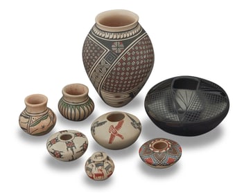 A group of Mata Ortiz and Pueblo style pottery miniatures