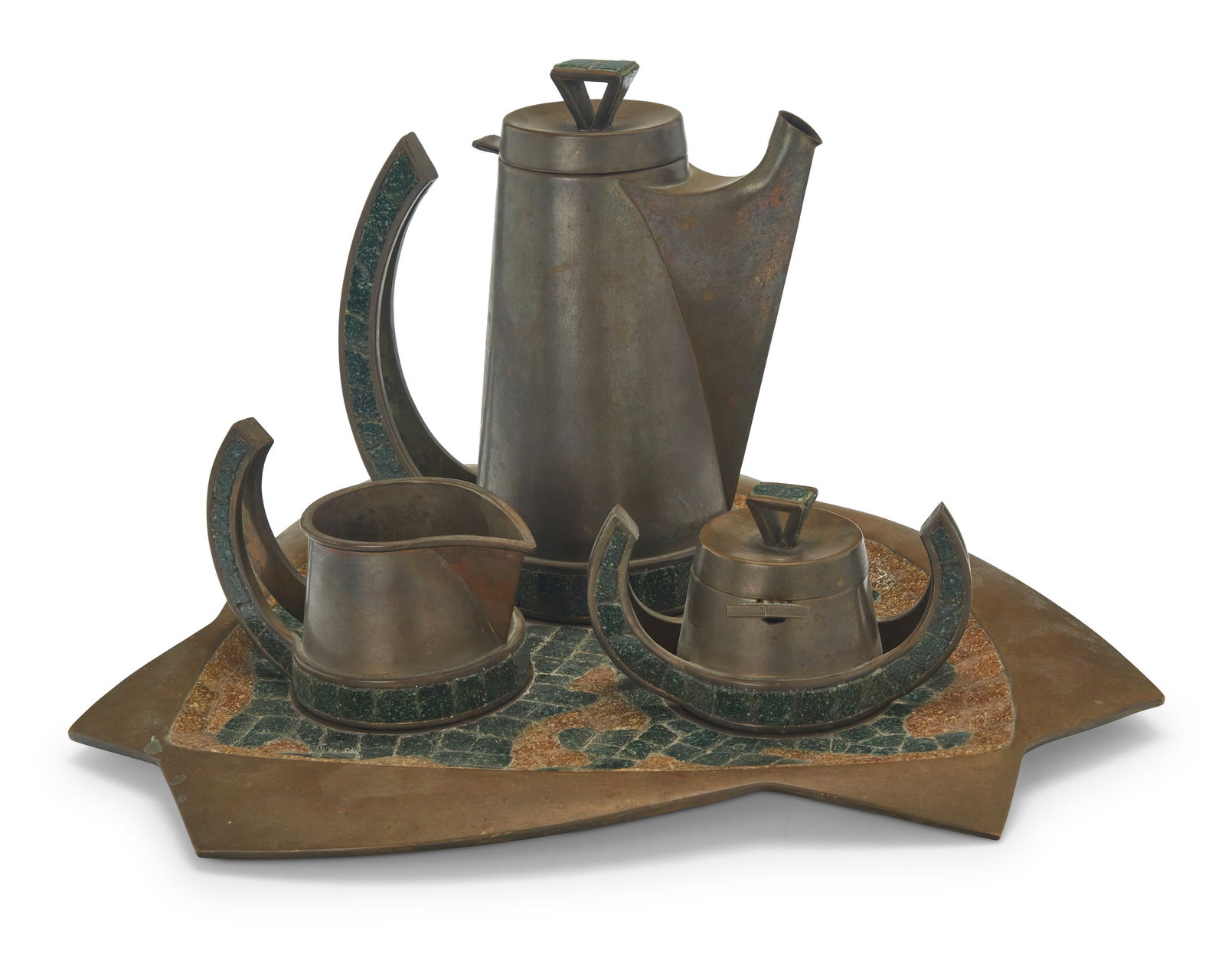 Salvador Teran (1920-1974, Mexican), A glass mosaic inset brass coffee service, mid-20th century: Salvador Teran (1920-1974, Mexican)A glass mosaic inset brass coffee service, mid-20th centuryEach marked to underside: Handwrought / Hecho en Mexico / Salvador / 408Comprising a lidded coffee pot, a
