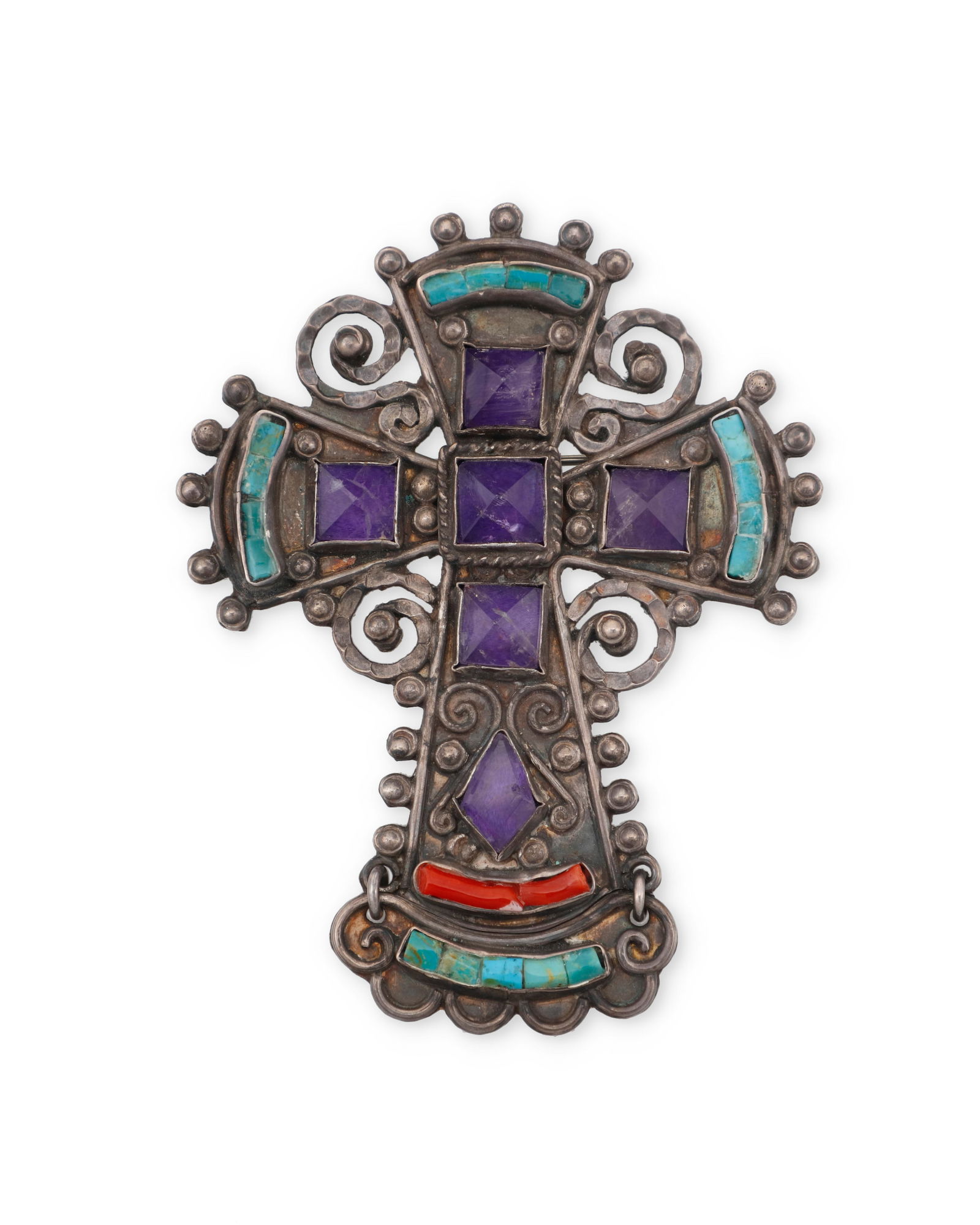 A Matl Mexican silver and gem set cross pendant/brooch: A Matl Mexican silver and gem set cross pendant/broochMatilde Poulat and Ricardo Salas (c. 1900-d. 1960 & d. 2006)Circa 1980-2006; Mexico City, MexicoStamped: Matl / Mexico / 925 / MS-12Designed by Ma