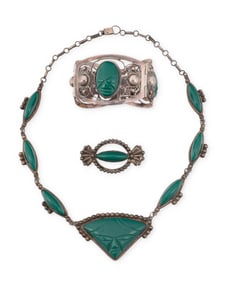 A group of Mexican silver and green glass jewelry