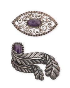 Two Mexican silver and set amethyst brooches