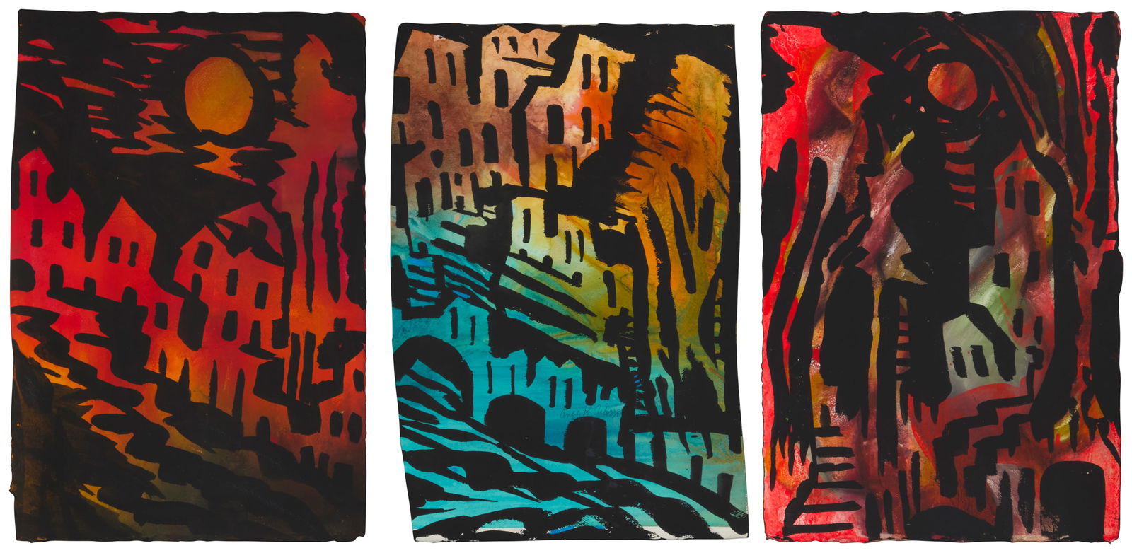 Angie K. Culasso (20th century, American), Untitled triptych: Angie K. Culasso(20th century, American)Untitled triptychEach: Mixed media on wove paperSigned in pencil in the lower center of the second sheet: Angie K. Culasso; signed "Angie" again in pencil in th