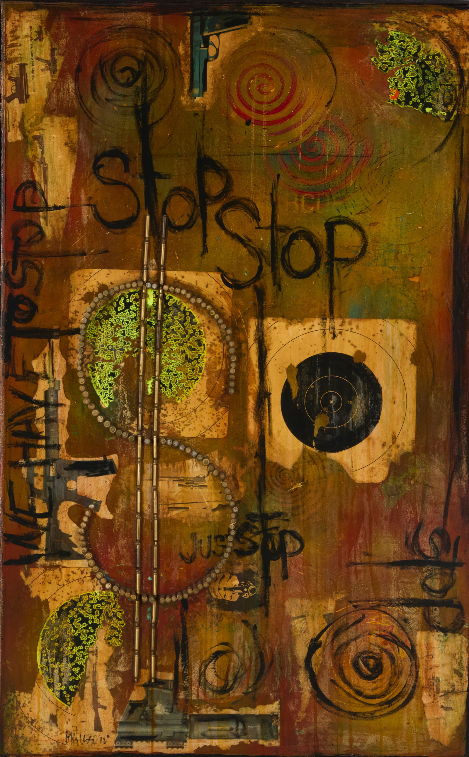 Mati Russo (Active 21st century, American), Untitled (We Have to Stop), 2012: Mati Russo(Active 21st century, American)Untitled (We Have to Stop), 2012Acrylic and mixed media collage including bullets on canvasSigned and dated lower right: M Russo 1248" H x 30" W