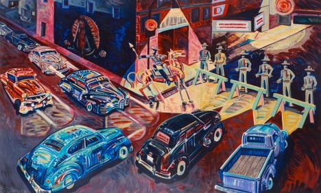 Frank Romero (b. 1941, Mexican-American), "The Closing of Whittier Boulevard," 1990