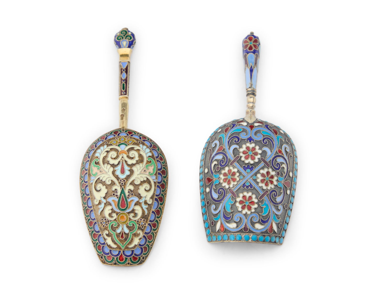 Two Russian silver and enamel sugar spoons