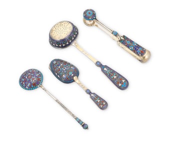 A group of Russian silver and enamel tea utensils