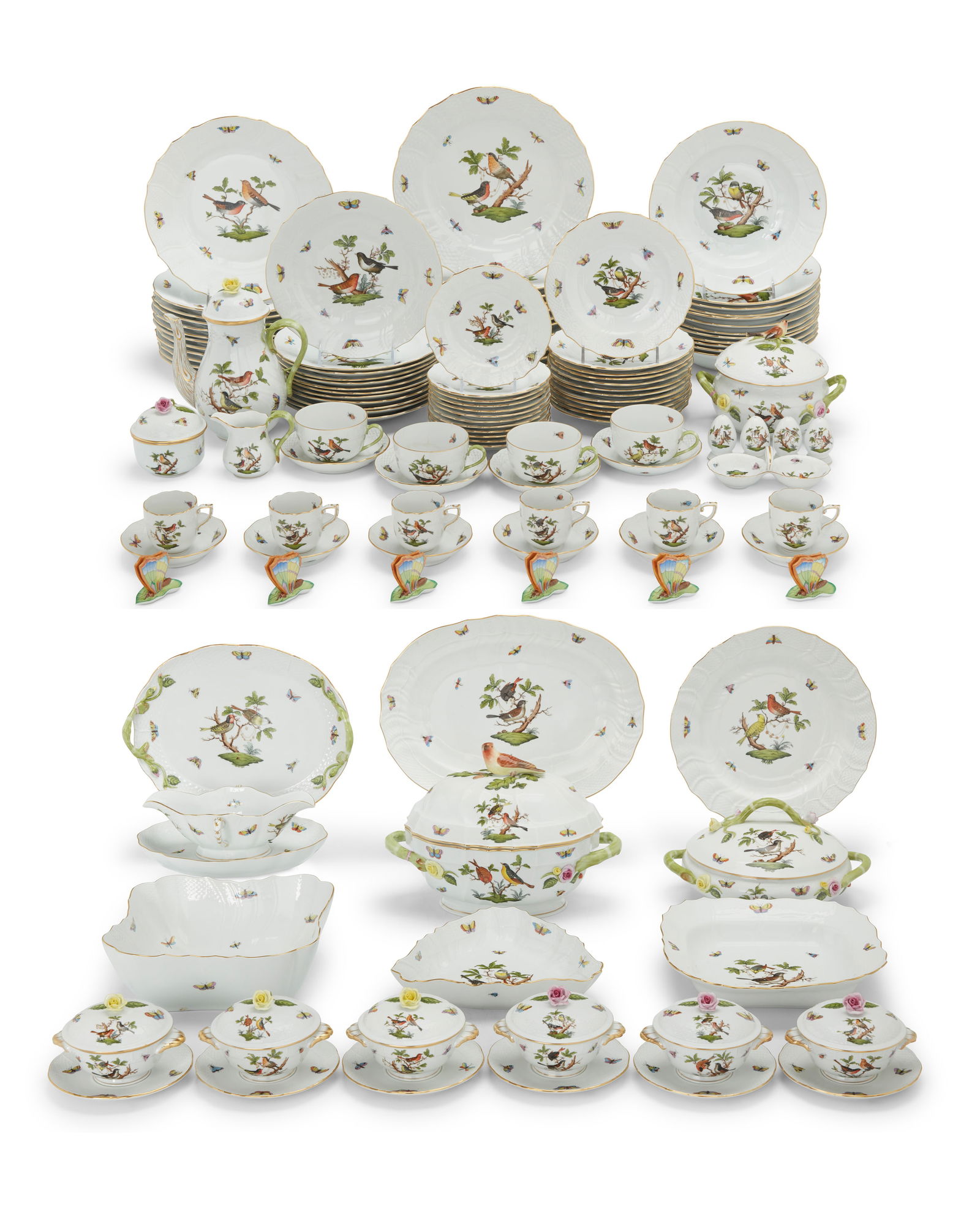 A Herend porcelain 'Rothschild Bird' extensive dinner service: A Herend porcelain 'Rothschild Bird' extensive dinner service20th centuryWith blue printed factory marks above shape and pattern ROComprising:12 service plates, 1527 (11")12 dinner plates, 1524 (10.25