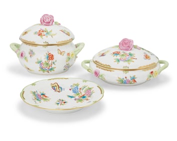 Two Herend porcelain 'Queen Victoria' tureens and a shallow bowl