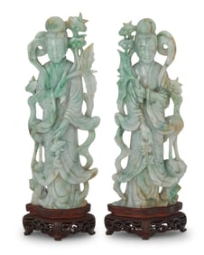 A pair of Chinese carved jade figures of beauties