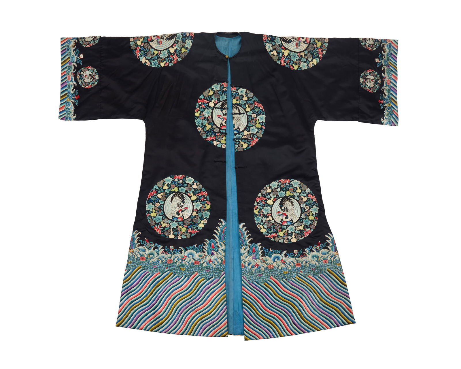 A Chinese woman's embroidered black silk surcoat robe: A Chinese woman's embroidered black silk surcoat robe19th century or later, ChinaThe elaborate black silk surcoat featuring finely embroidered crane roundels surrounded by embroidered foliage and ausp