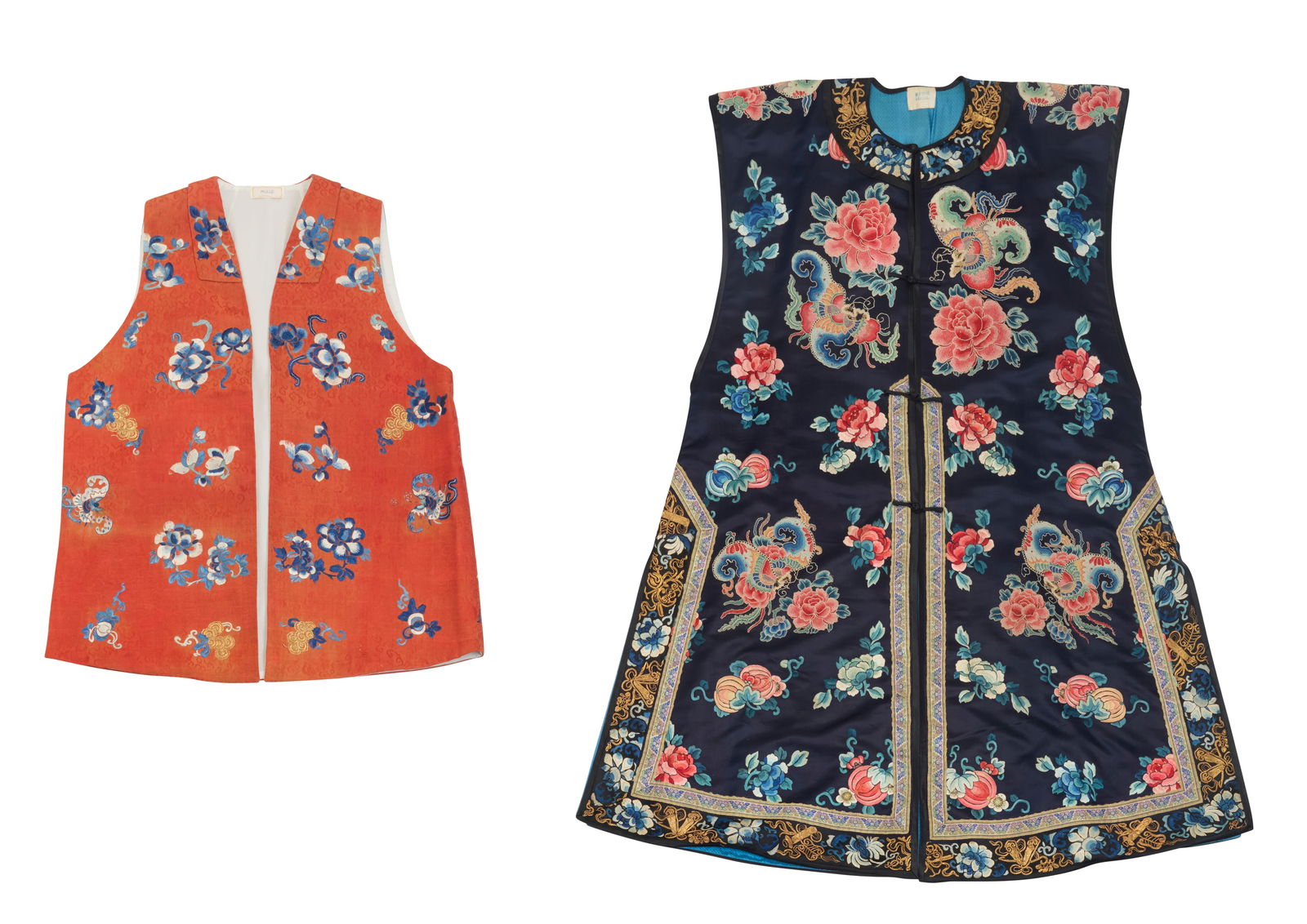 Two Chinese embroidered silk women's sleeveless jackets/vests: Two Chinese embroidered silk women's sleeveless jackets/vestsQing Dynasty (1644-1912) or laterTwo works:A long traditional-style dark blue silk vest with side splitsLabel: Made in ChinaWith multiple f
