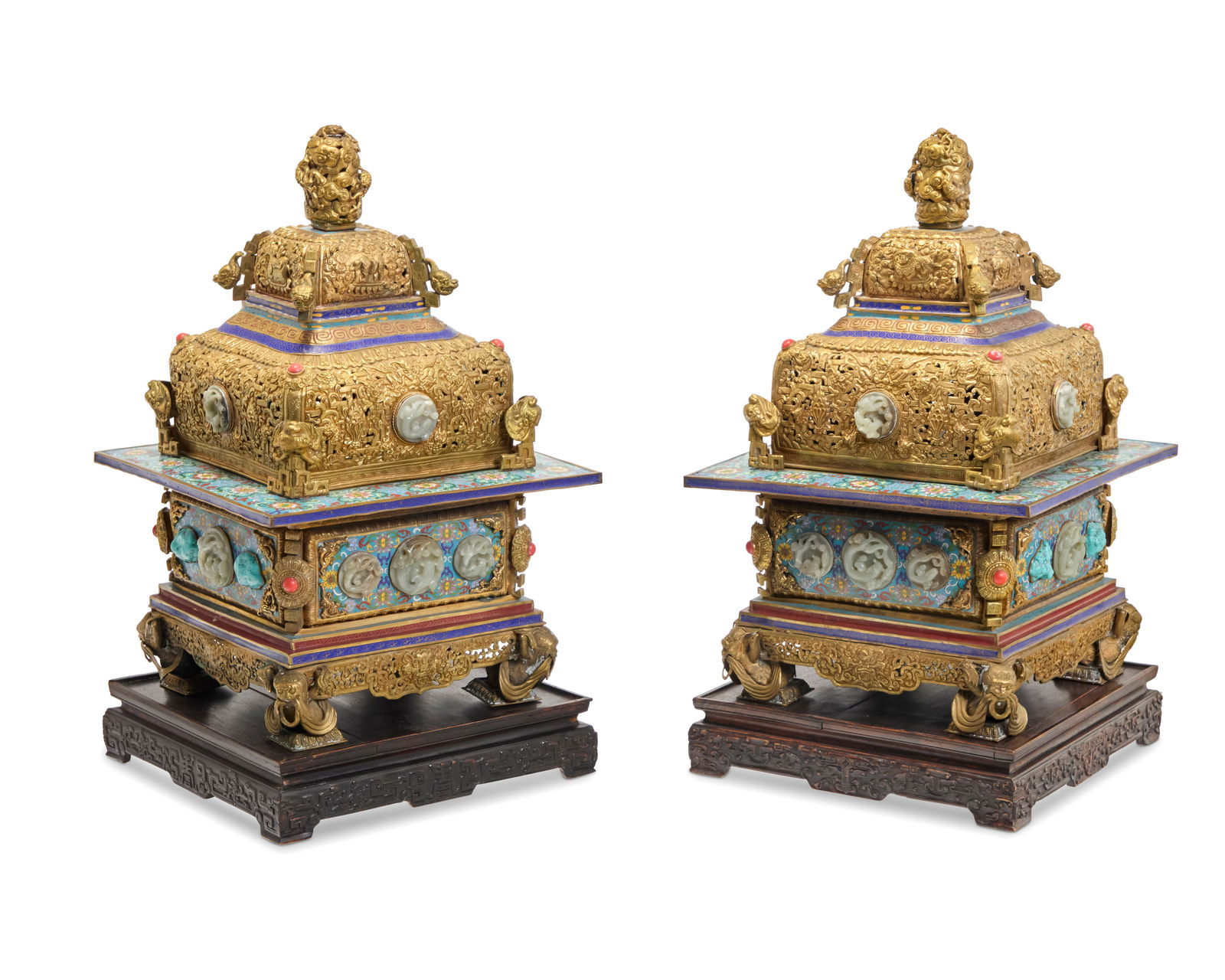 A pair of Tibeto-Chinese style gilt metal cloisonne and hardstone mounted censers: A pair of Tibeto-Chinese style gilt metal cloisonne and hardstone mounted censersSome Possible High Qing elementsPossibly Mongolian, Late Qing Dynasty (1644-1912) or laterEach gilt copper alloy censer