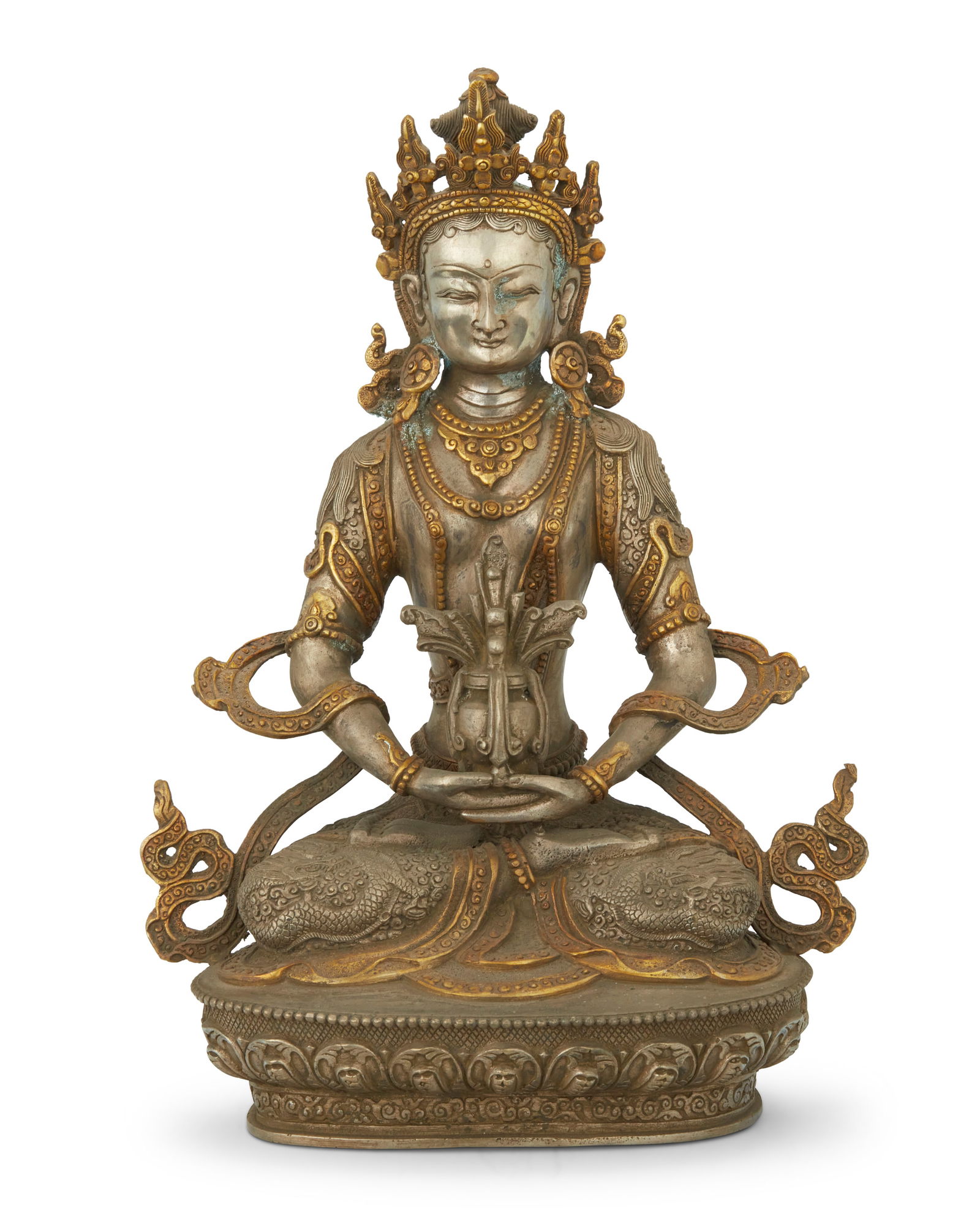 A Tibeto-Chinese parcel gilt and silvered metal figure of Amitayus (1 of 5)