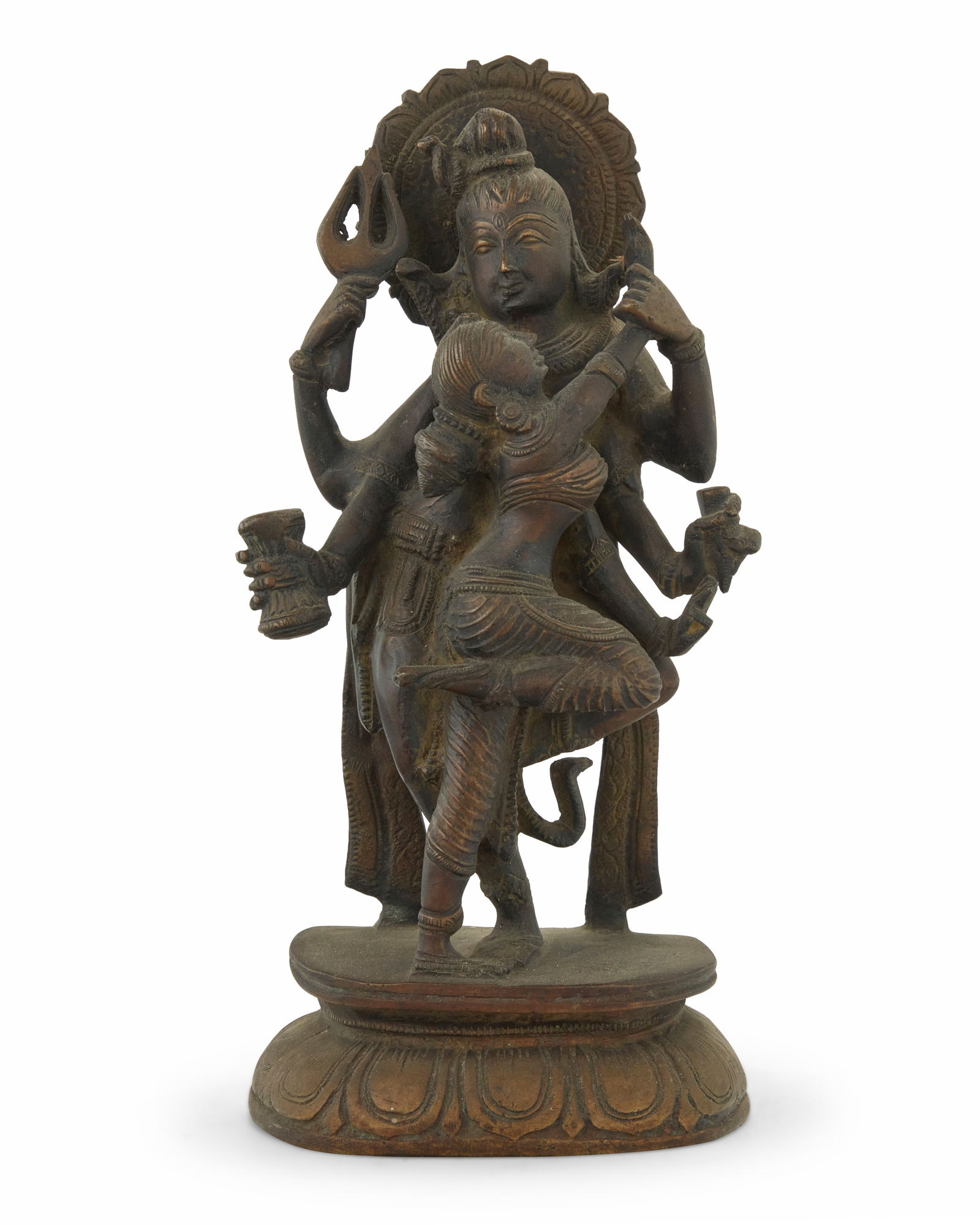 An Indian bronze figural group of Shiva and Parvati as Mithuna: An Indian bronze figural group of Shiva and Parvati as Mithuna 19th century or later 10.125" H x 4.875" W x 2.75" D
