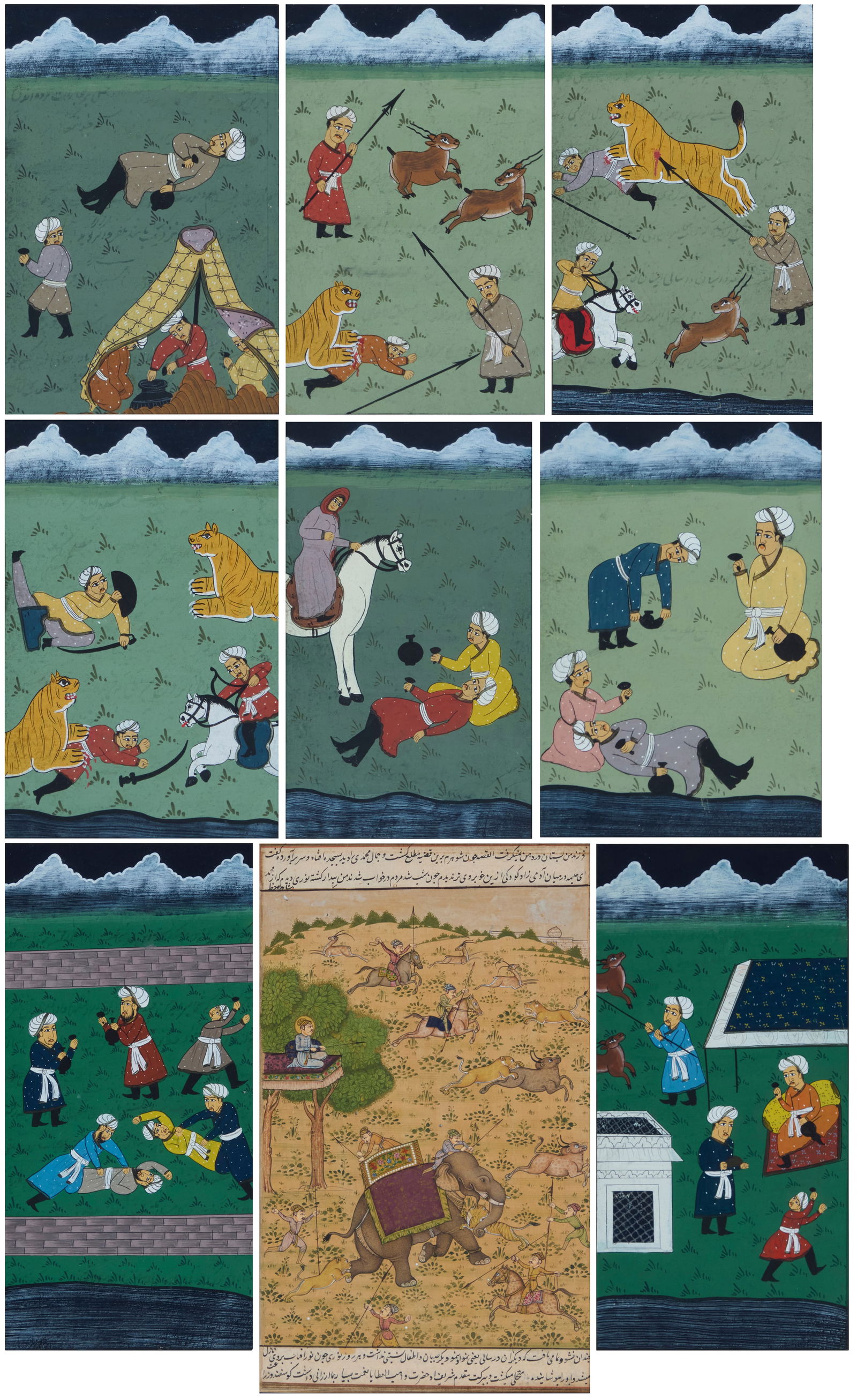 A group of nine Persian miniature paintings: A group of nine Persian miniature paintings Nine works depicting scenes of royal life and hunting, including one illustrated manuscript page with Persian calligraphy Each: Ink, gouache, watercolor,