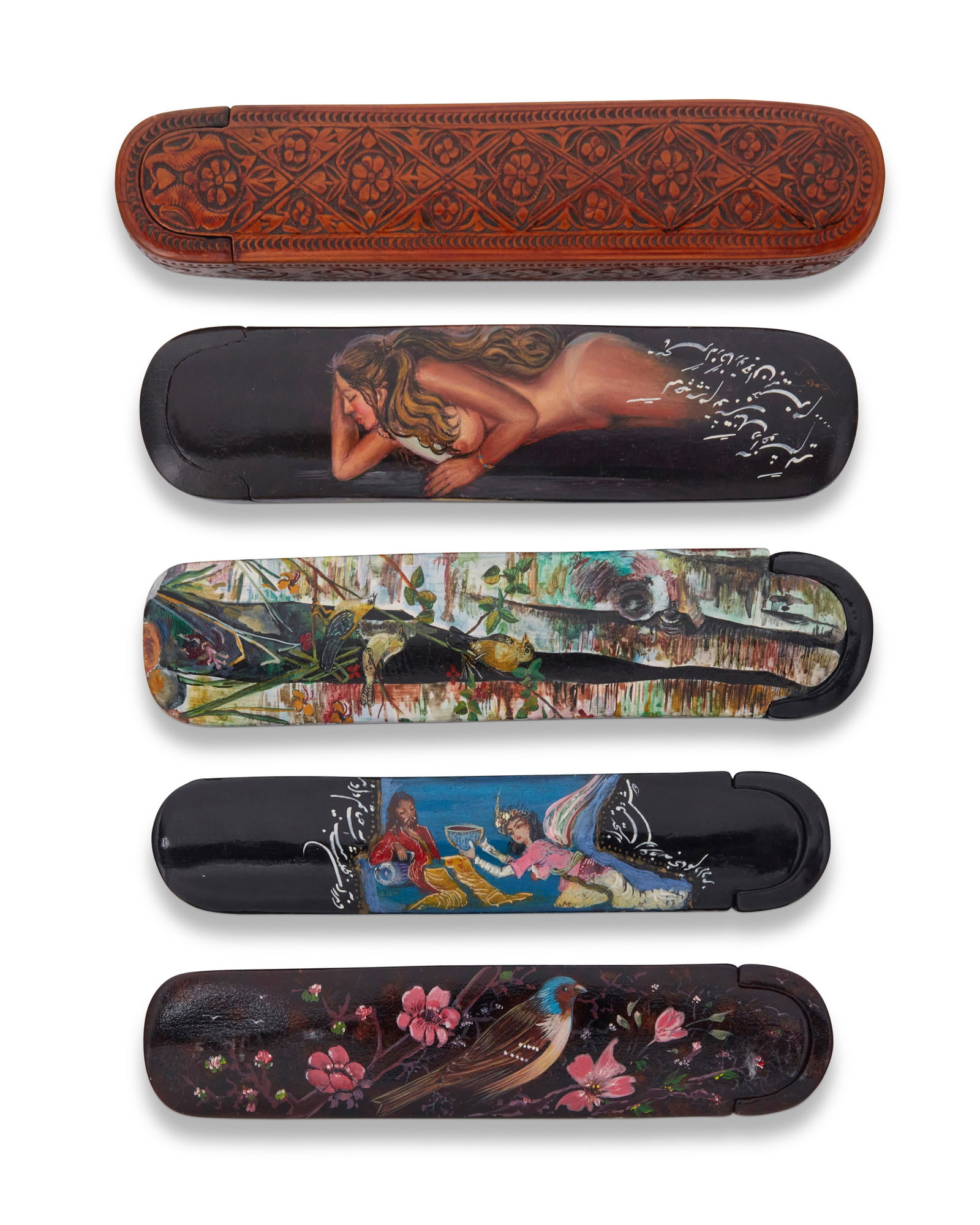 A group of Persian polychrome wood and papier-m‚che pen boxes: A group of Persian polychrome wood and papier-m‚che pen boxes Late Qajar Dynasty (1789-1925) or later Comprising two painted with figures, two depicting birds, and one with carved floral medallions