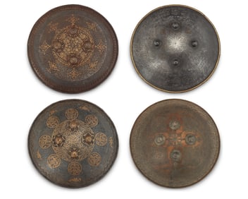 Four Persian parcel-gilt iron shields
