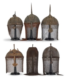A group of Islamic 'Turban' gilt metal and chain mail helmets