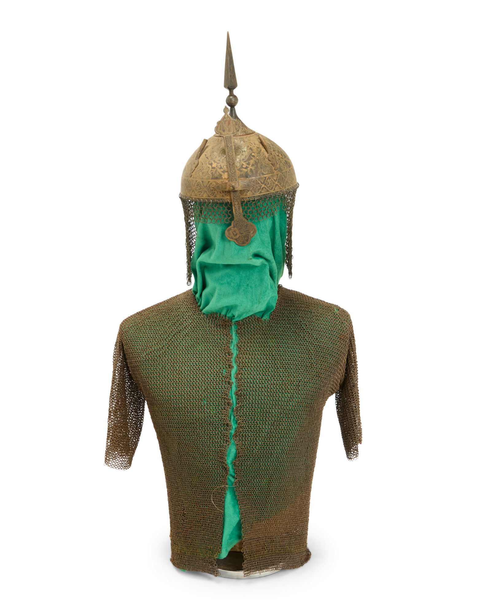An Islamic 'Turban' helmet and chain mail shirt: An Islamic 'Turban' helmet and chain mail shirt 18th/19th century Comprising a short-sleeved chain mail shirt together with a 'Khula Khud'-style spiked helmet with nose guard, two plume holders and a