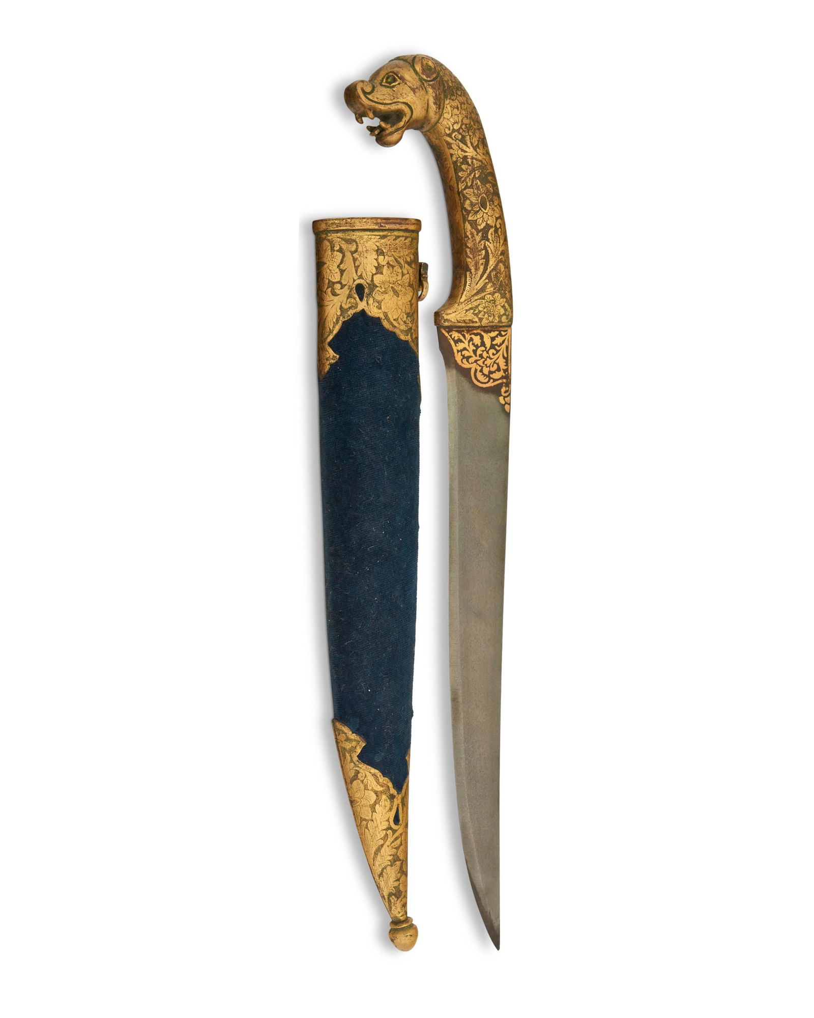 An Indo-Persian ceremonial knife and other knives: An Indo-Persian ceremonial knife and other knives 17-19th century From the Qajar Dynasty (1789-1925), with gilt-metal animal-form hilt with inset glass eyes, housed in a gilt-metal-mounted felt-lined