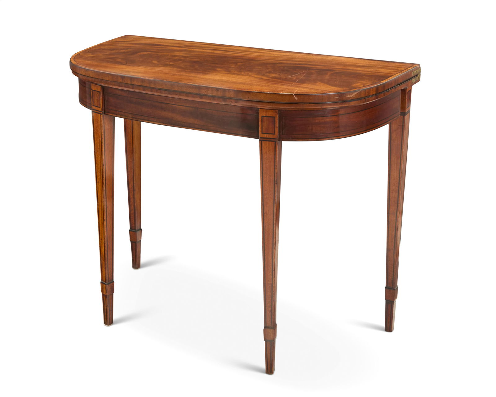 A Regency inlaid mahogany games table: A Regency inlaid mahogany games tableEarly 19th centuryWith burlwood veneer, the flip-top lined with ochre feltStored: 28" H x 36.25" W x 17.75" D; Open: 35.5" W Provenance:The Estate of Herbert and A