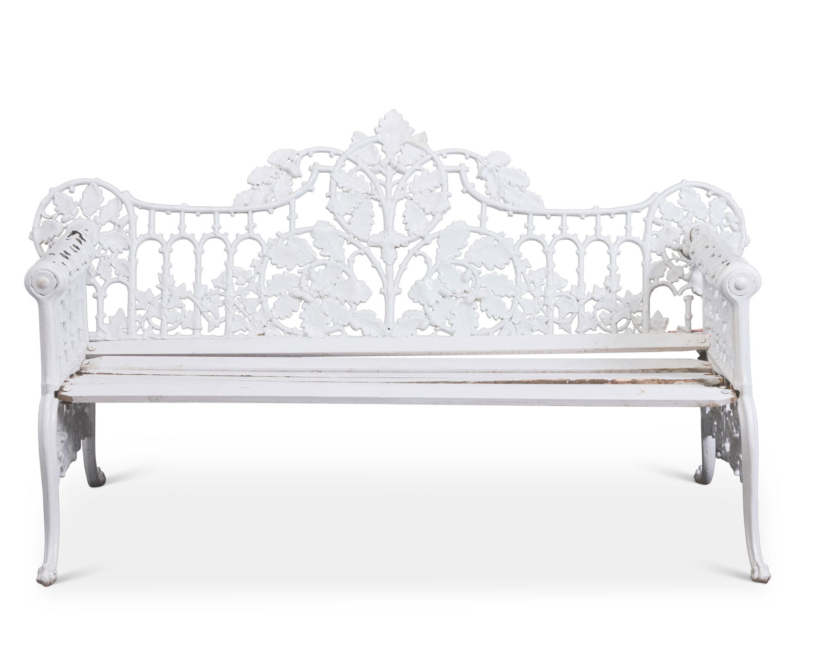 A Victorian Coalbrookdale style painted cast iron garden bench: A Victorian Coalbrookdale style painted cast iron garden benchLate 19th centuryWith an oak leaf motif back, wood slat seat, and rolled armrests with dog head hand grips, raised on paw feet38.5" H x 74