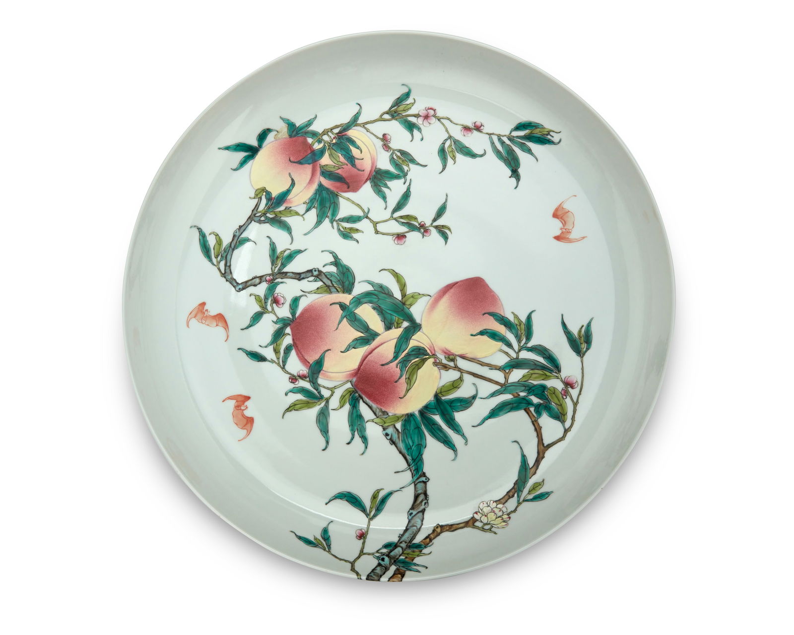 A large Chinese porcelain nine peach charger: A large Chinese porcelain nine peach charger Likely Republic Period (1912-1949) or later Bearing an apocryphal reign mark for Yongzheng Period (1723-1735) Depicting five peaches to interior and four