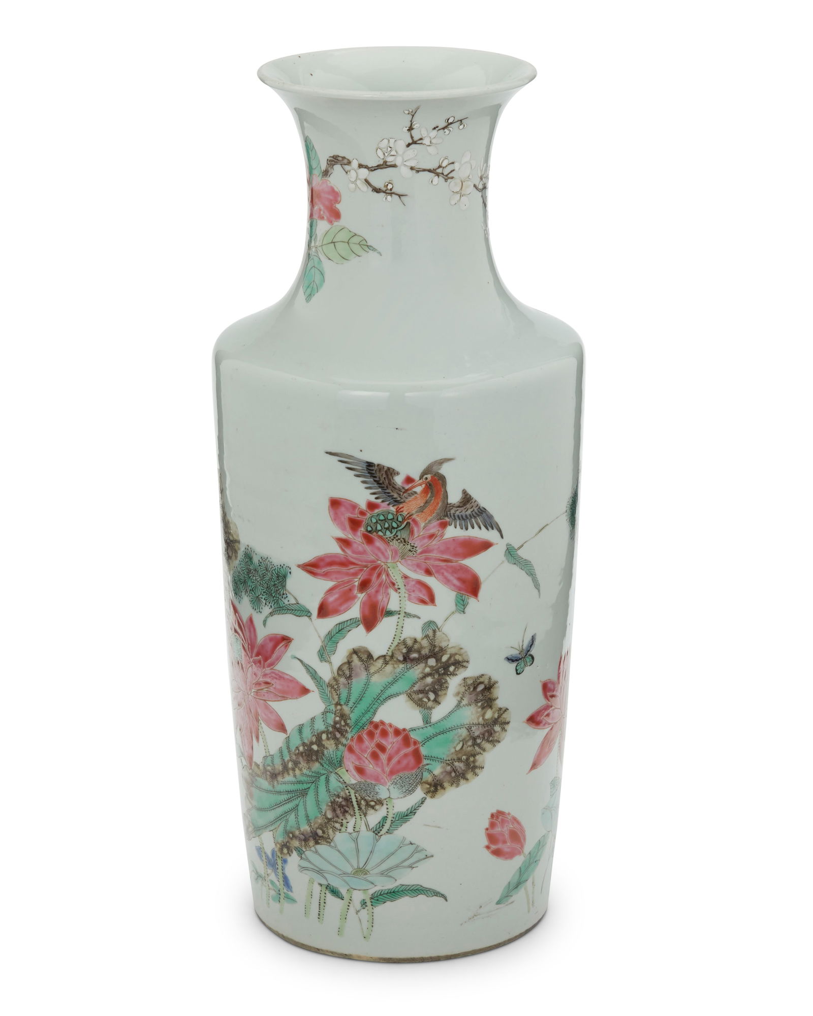 A Chinese Qianjiangcai glazed porcelain mallet vase: A Chinese Qianjiangcai glazed porcelain mallet vase Late Qing Dynasty/Republic Period (1644-1949) or later Decorated with birds and lotus flowers 17.125" H x 7.25" Dia.