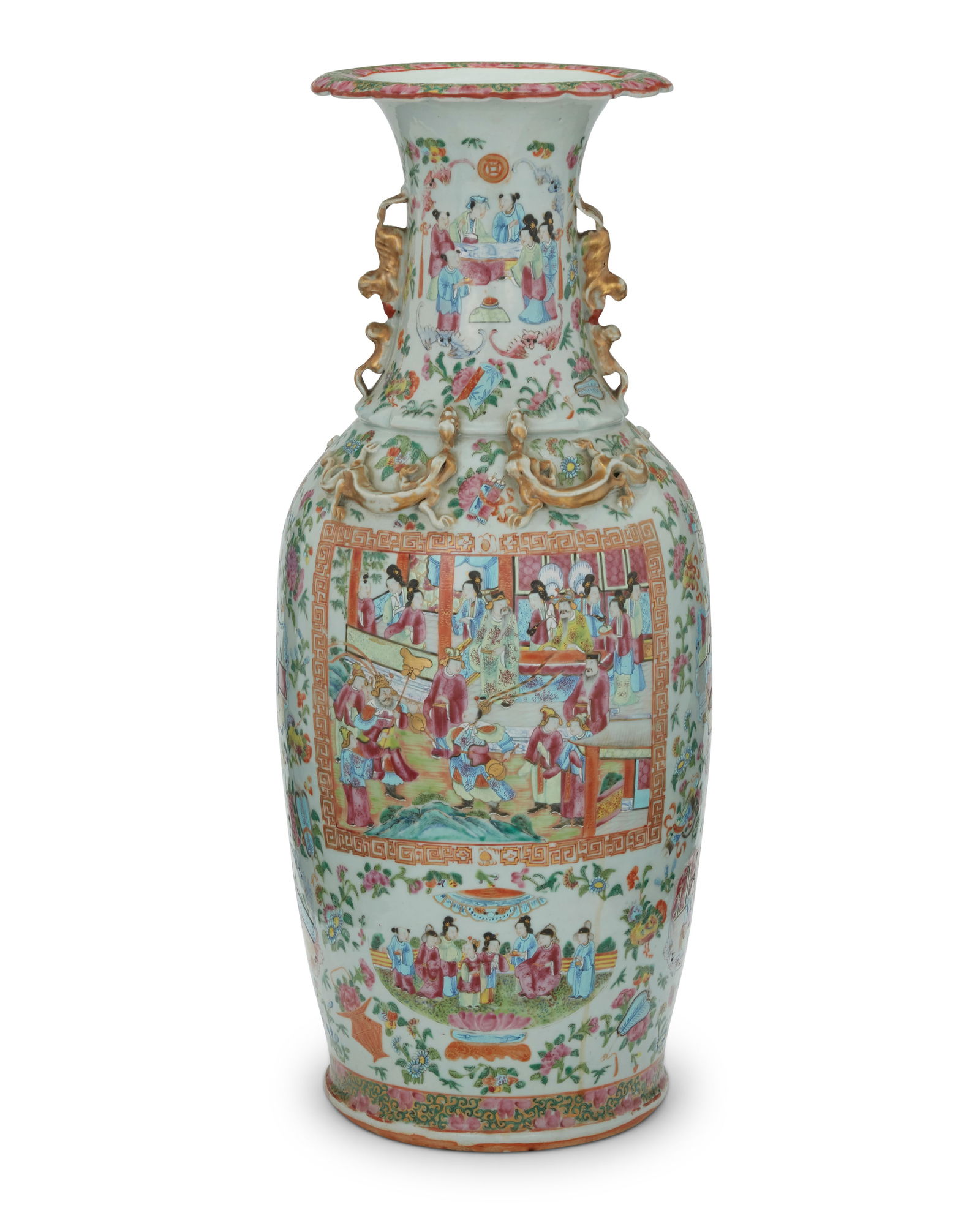 A Chinese Rose Canton porcelain vase: A Chinese Rose Canton porcelain vase Late Qing Dynasty (1644-1912) With figural decorations and floral motifs throughout, accented by dragon and animal elements in high relief at shoulder and neck