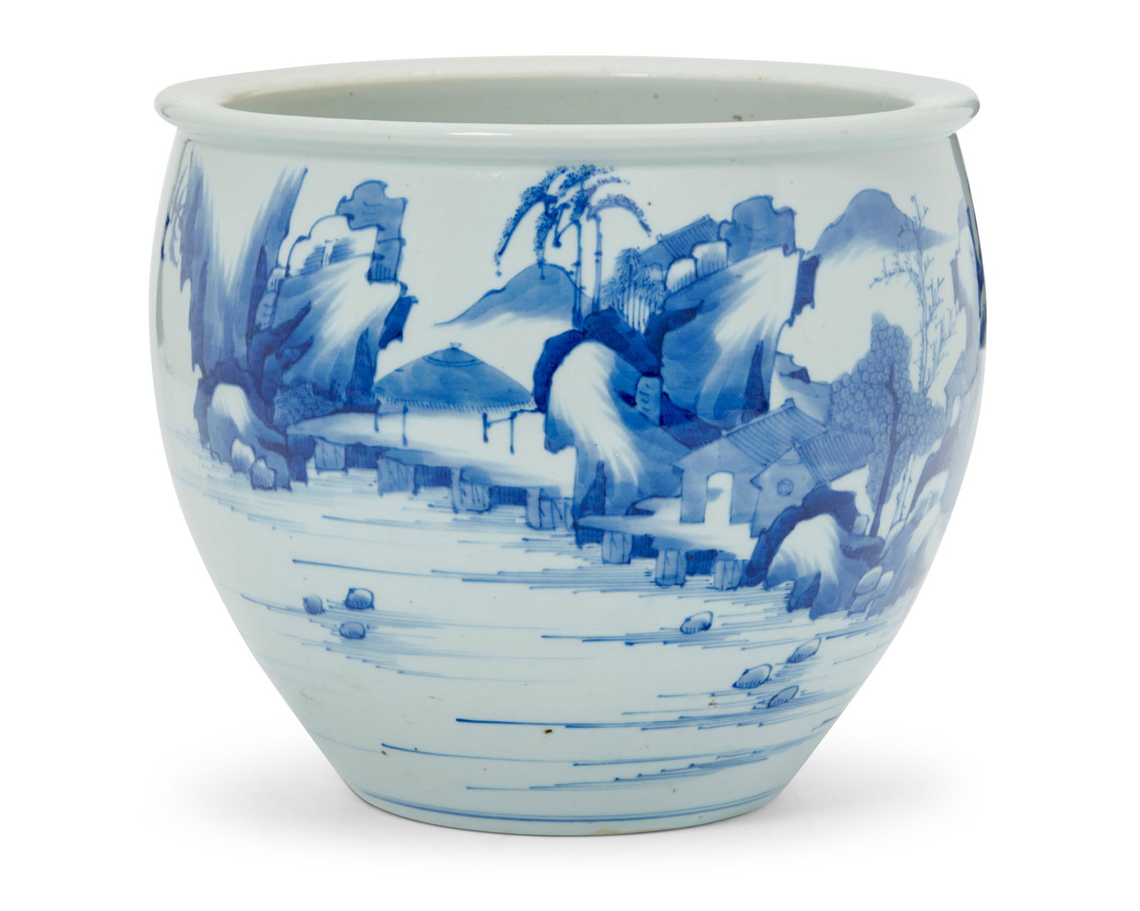 A small Chinese blue and white porcelain jardiniere: A small Chinese blue and white porcelain jardiniereKangxi Period (1662-1722) or styleWith seaside and mountain landscape decoration7.625" H x 9" Dia.